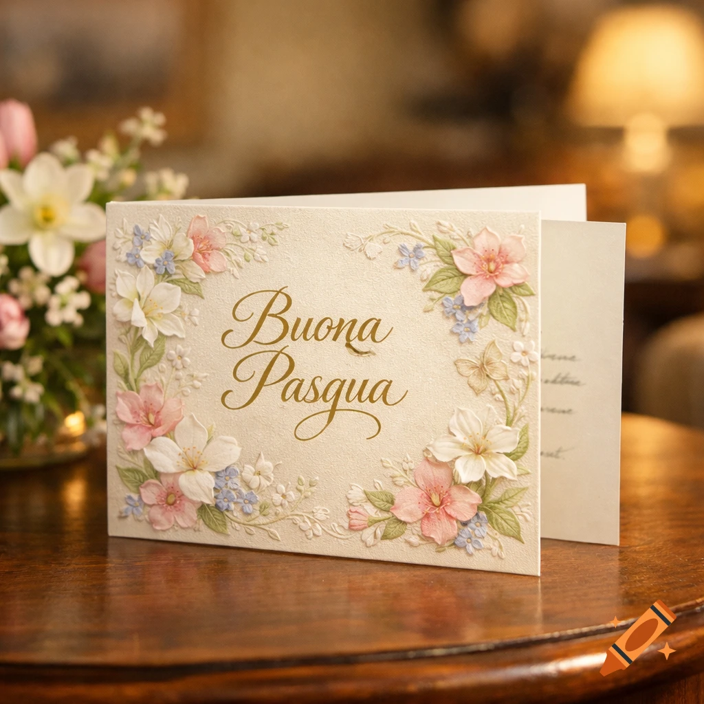 An embossed Easter greeting card with pink, white, and blue flowers, reading 'Buona Pasqua', on a wooden table.