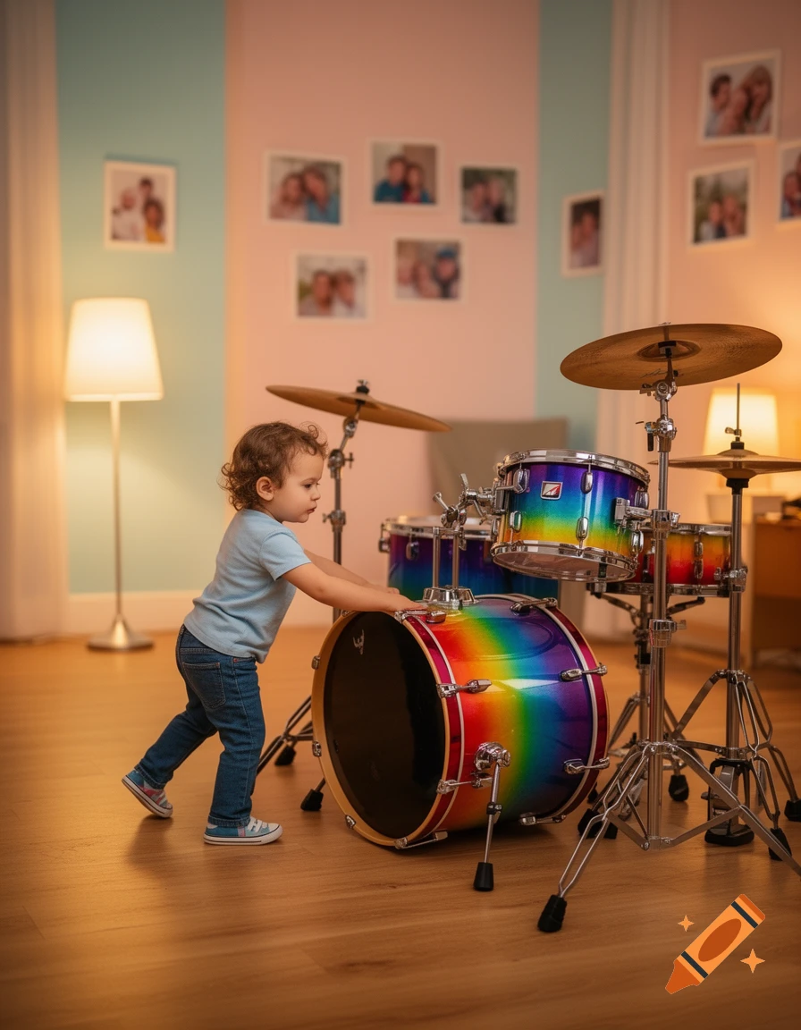 A toddler with curly hair stands next to a rainbow-colored drum set in a cozy room with family photos on the wall.