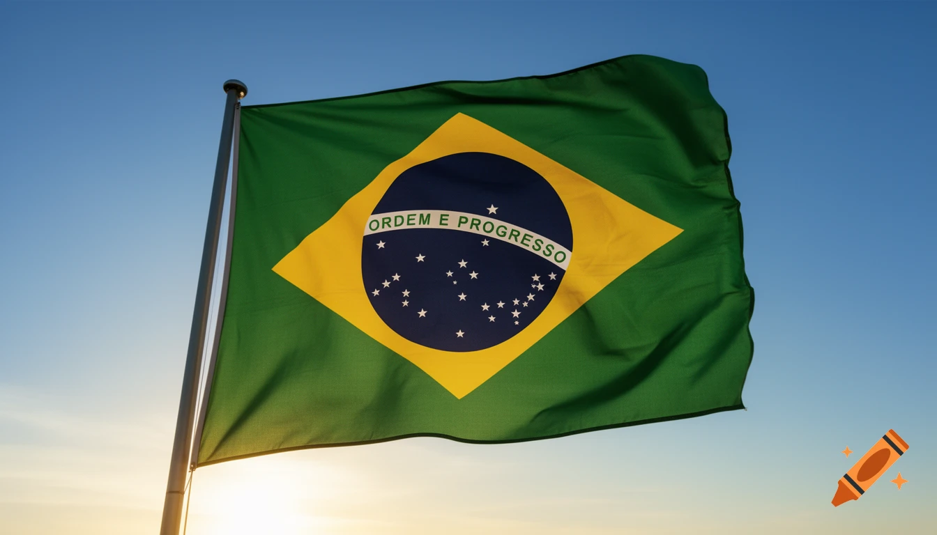 The Brazilian flag, green and yellow with a blue globe and white stars and 'ORDEM E PROGRESSO' text, waving against a clear blue sky at sunset.