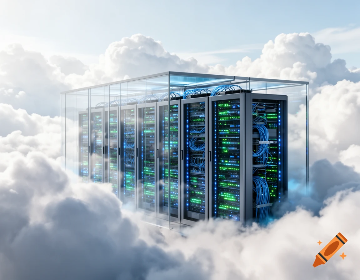 Server racks enclosed in a glass structure, filled with glowing lights and wires, floating amidst white clouds under a bright sky, symbolizing cloud computing.