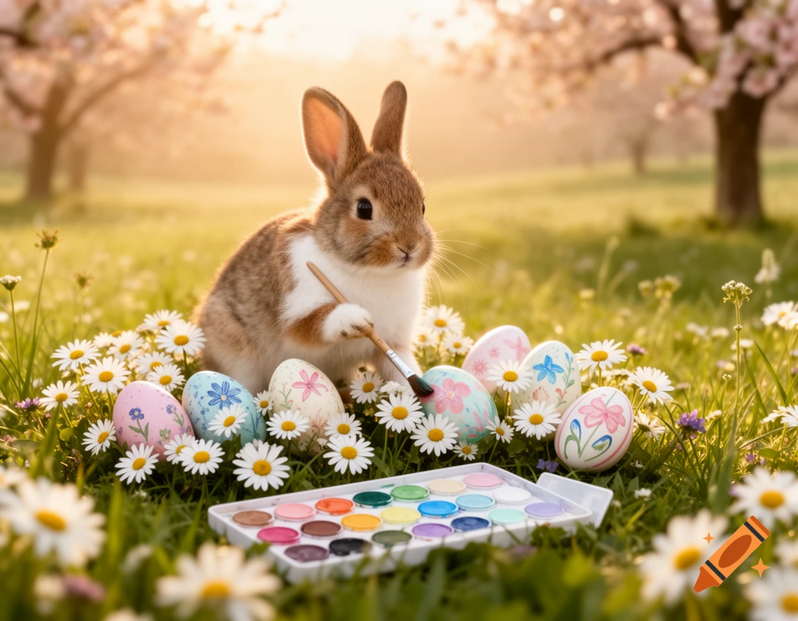 Photorealistic image of a small bunny painting colorful Easter eggs in a sunny field among daisies and blooming trees.