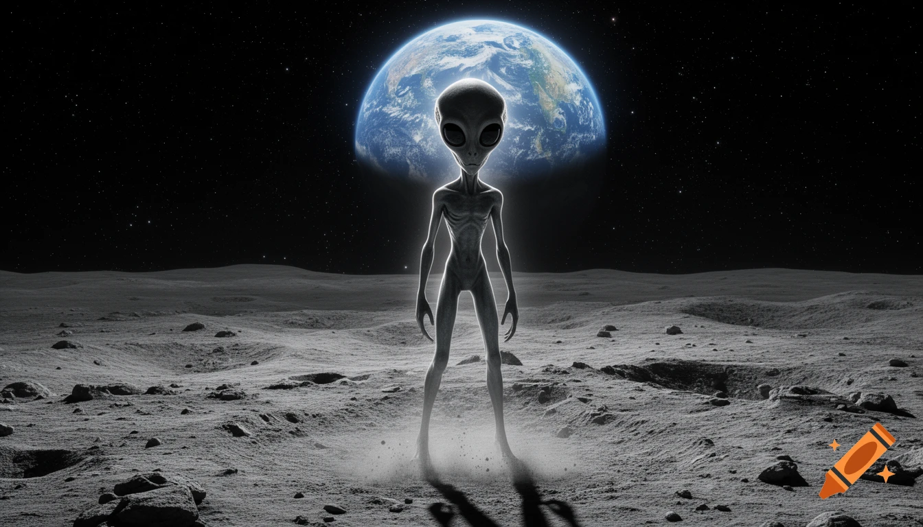 A grey alien stands on the moon's surface, looking forward, with Earth glowing in the dark, starry sky behind it.