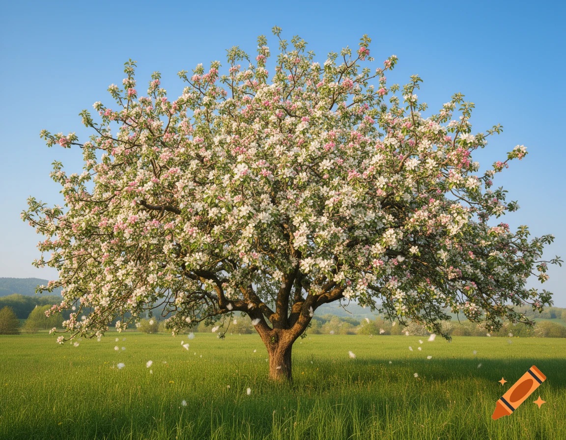 A vibrant apple tree in full bloom with pink and white flowers in a green field under a clear blue sky, with petals falling.
