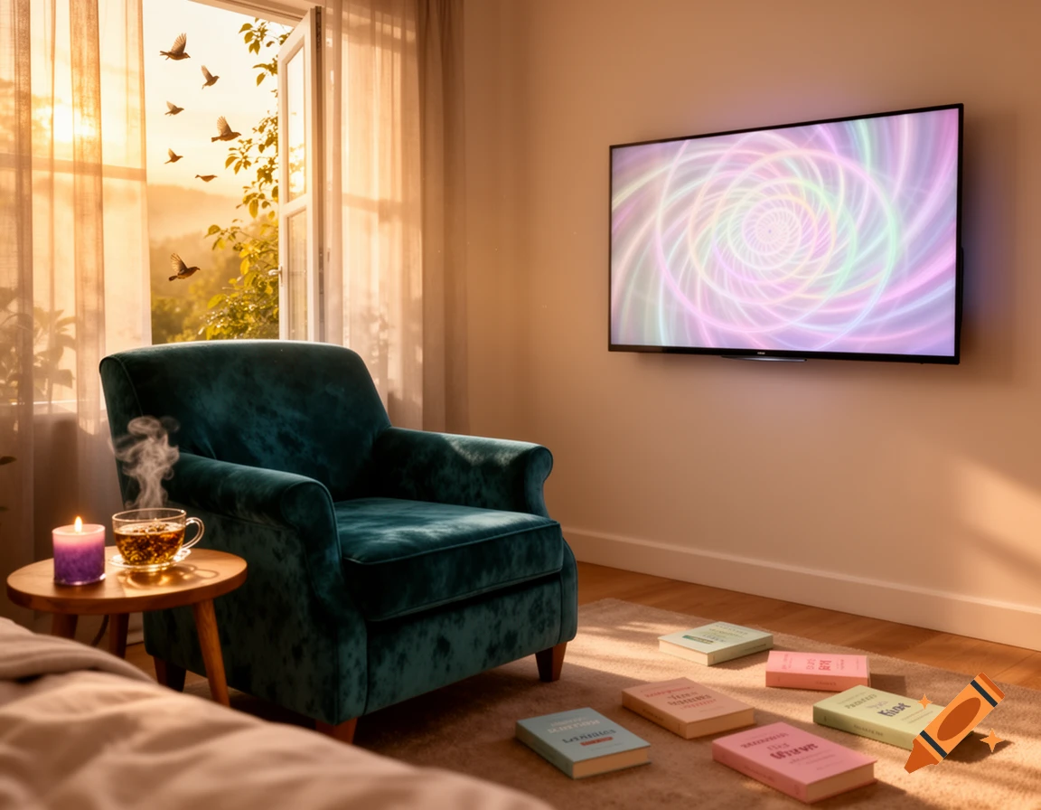 A cozy room with a teal armchair, books on the floor, a TV displaying a colorful spiral, and an open window with a sunset view and birds flying.