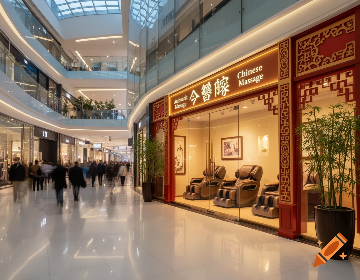 A modern shopping mall interior with people walking, featuring a Chinese massage parlor storefront with glowing signs and massage chairs visible through the glass.