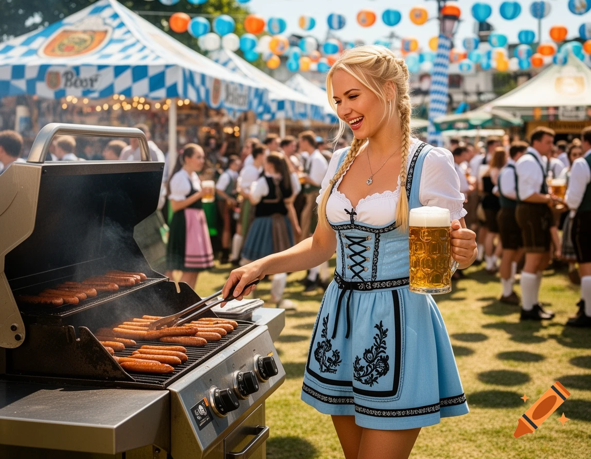 Blonde woman in a light blue dirndl grilling hotdogs and holding a beer at an outdoor Oktoberfest party.