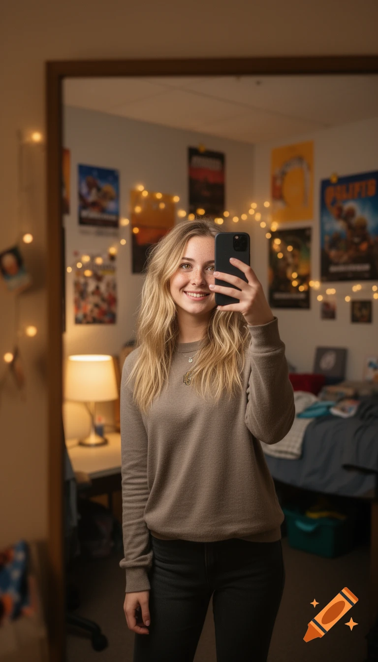 A young blonde woman with freckles smiles while taking a mirror selfie in her cozy dorm room decorated with string lights.