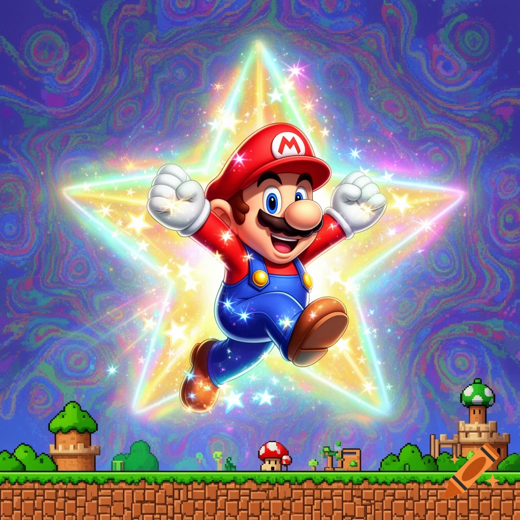 Super Mario jumps jubilantly with a glowing star behind him, set against a pixelated platformer landscape and a vibrant, swirling background.