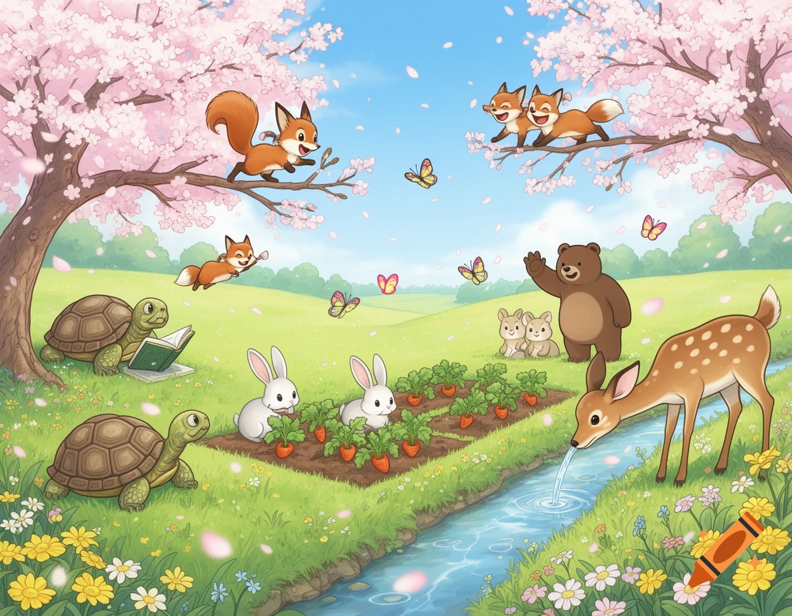 A cheerful manga-style spring scene with various woodland animals like foxes, turtles, rabbits, a bear, and a deer in a cherry blossom meadow.