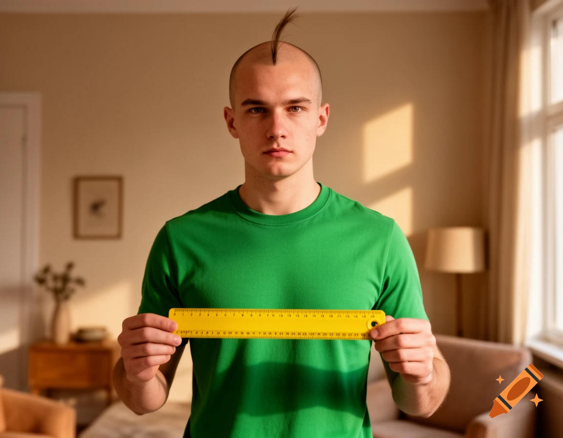 A bald man with a single tuft of hair, wearing a green shirt, holds a yellow ruler horizontally.