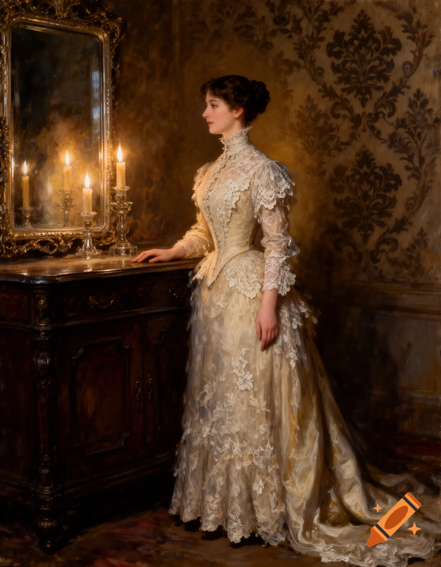 An oil painting of a Victorian woman in a lace gown standing by a cabinet with candles, looking at her reflection.