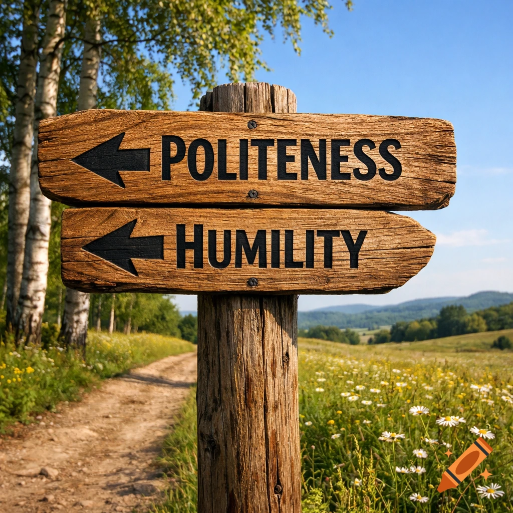 Wooden signpost with arrows pointing left to 'Politeness' and 'Humility' on a sunny path through a field.