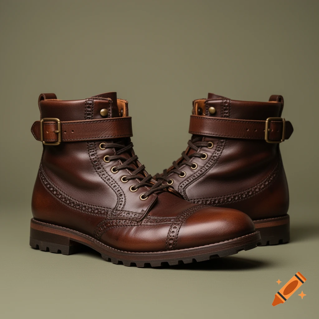 A pair of rich brown leather combat boots with brogue detailing, laces, and a buckled strap, set against a plain olive green background.