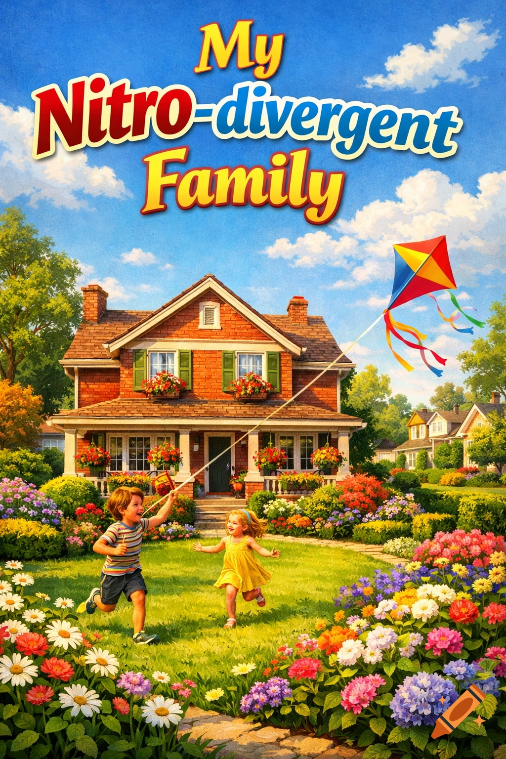 A boy and girl play in a vibrant garden in front of a house, with a kite flying above. Text reads 'My Nitro-divergent Family'.
