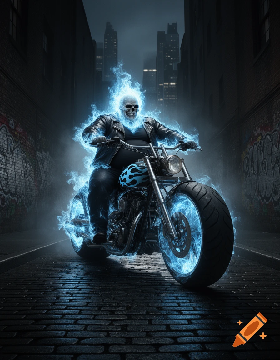A skeletal Ghost Rider figure with blue flames around its head and hands rides a motorcycle with flaming wheels down a dark city alley.
