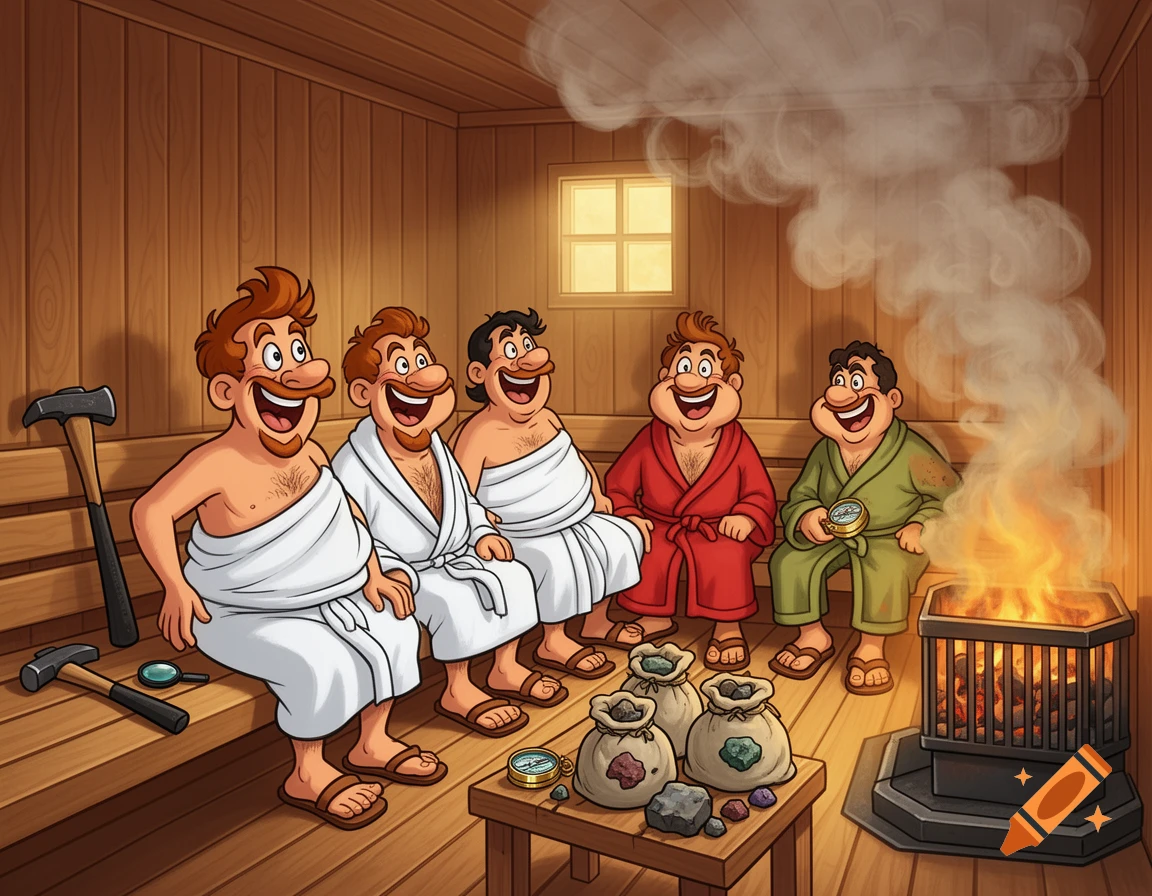 Cartoon illustration of five geologists relaxing in a wooden sauna, some in towels or robes, with tools like rock hammers and sample bags nearby.