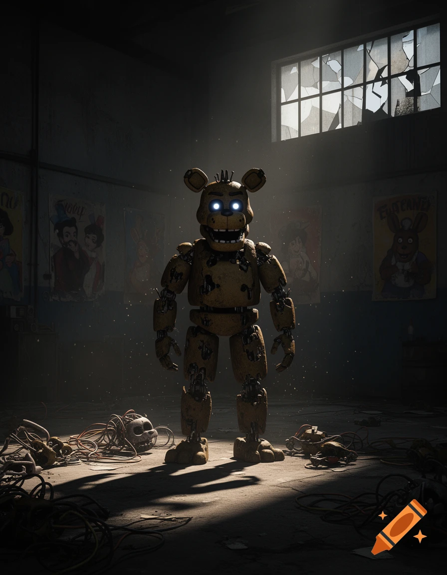 An intimidating, weathered Springtrap animatronic stands in a dimly lit, abandoned room with broken windows, surrounded by wires and debris, its eyes glowing blue.