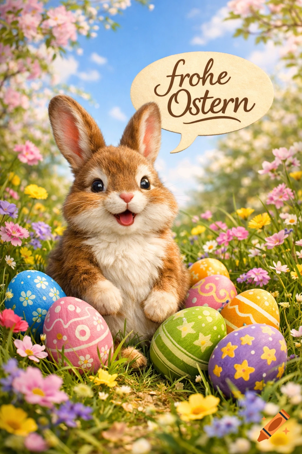 A cheerful bunny surrounded by colorful Easter eggs and wildflowers, with a speech bubble saying 'frohe Ostern'.