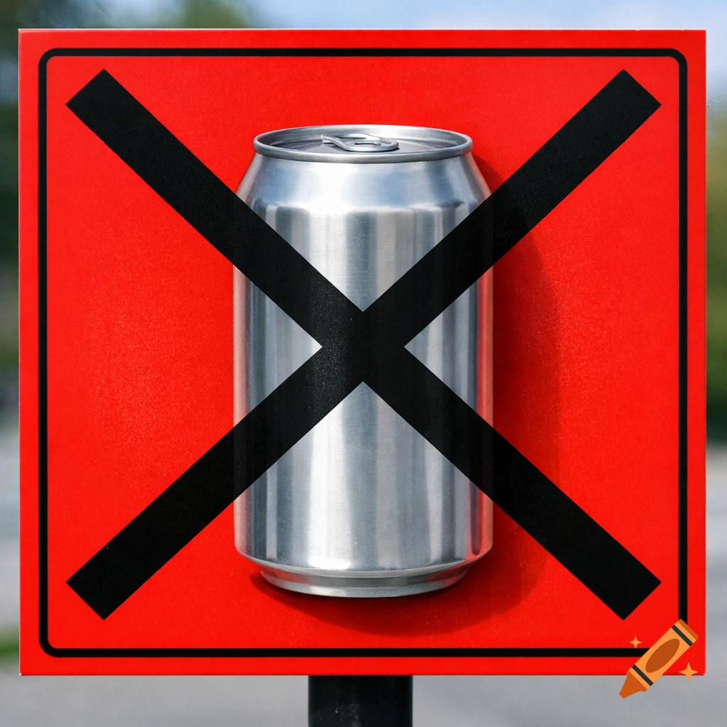 Photorealistic image of a red sign with a large black X crossing out a silver soda can.