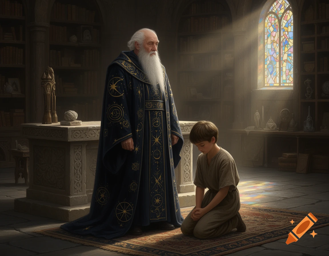 An old wizard in a starry robe stands over a young boy kneeling in a dimly lit library with a stained glass window.