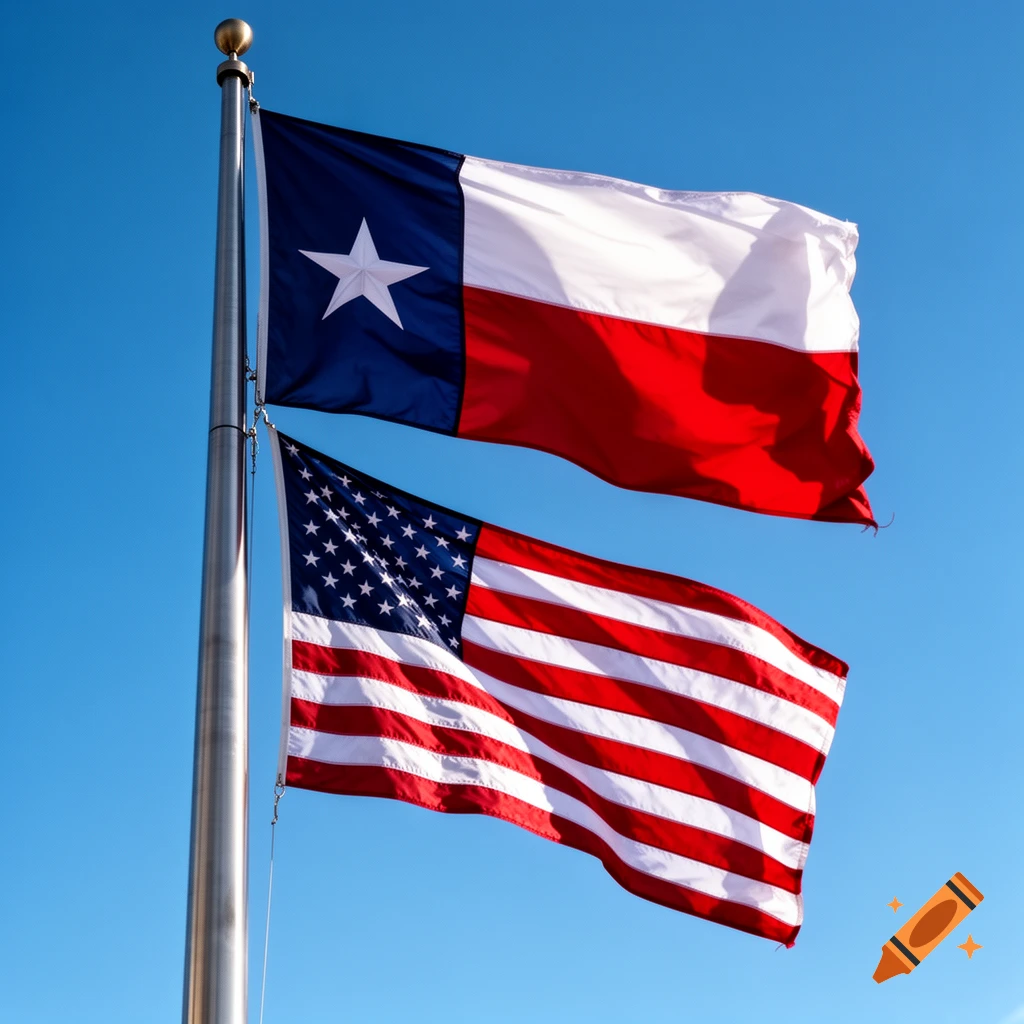 Texas state flag flying above the American flag on a pole against a clear blue sky, photorealistic.