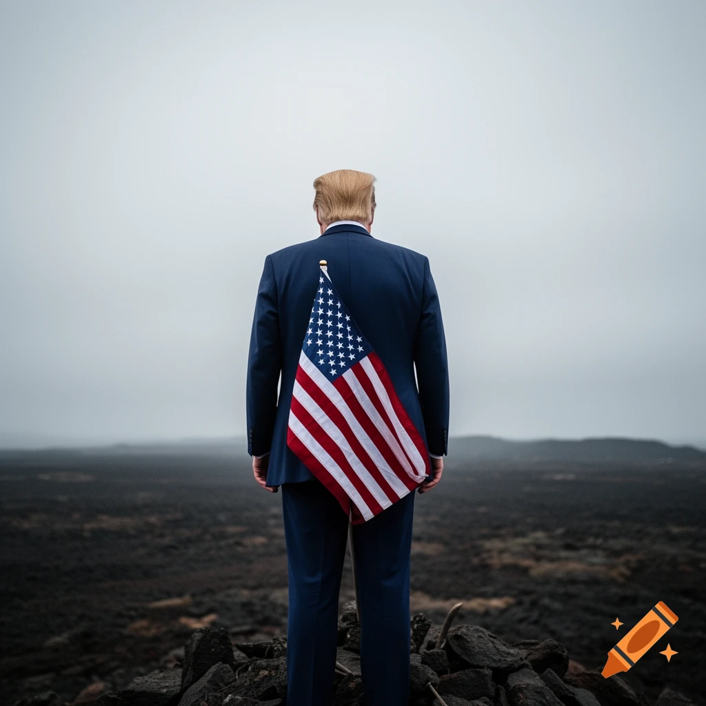 Donald Trump from behind, wearing a suit, with an American flag draped over his back, standing in a desolate, rocky landscape under a gray sky.