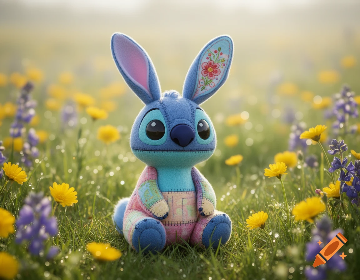 A blue Stitch plush toy with bunny ears and a patched tummy sits in a sunlit field of yellow and purple wildflowers.