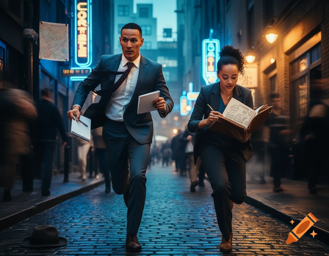 Two well-dressed individuals, a man and a woman, run down a wet, cobblestone city street at night, holding notebooks and pens. Neon lights illuminate the background.