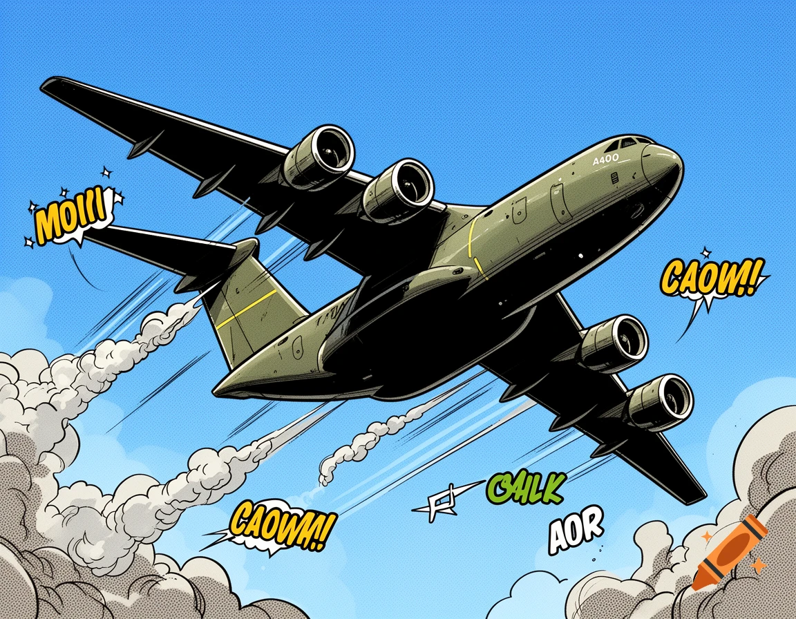 A green military transport plane, an A400, flies through a blue sky with white exhaust trails, surrounded by comic book sound effect bubbles like "MOLLI" and "CAOW!"