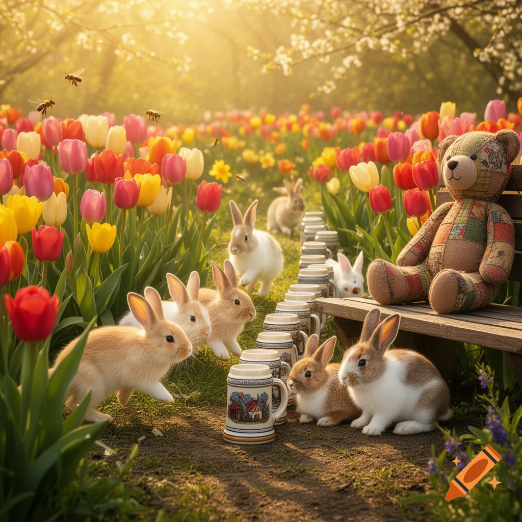 Photorealistic image of many bunnies and a patchwork teddy bear among colorful tulips and green grass with a sunny glow in the background.