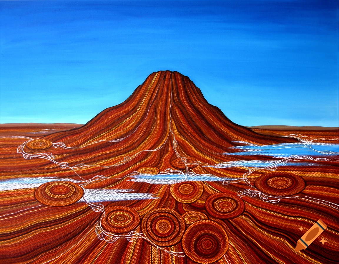 Indigenous Australian dot painting of a red mountain with white patterned waterways under a blue sky.