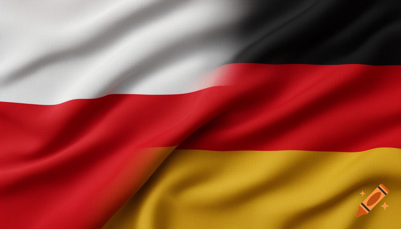 A close-up of draped fabric showing the white and red of the Polish flag blending into the black, red, and gold of the German flag.