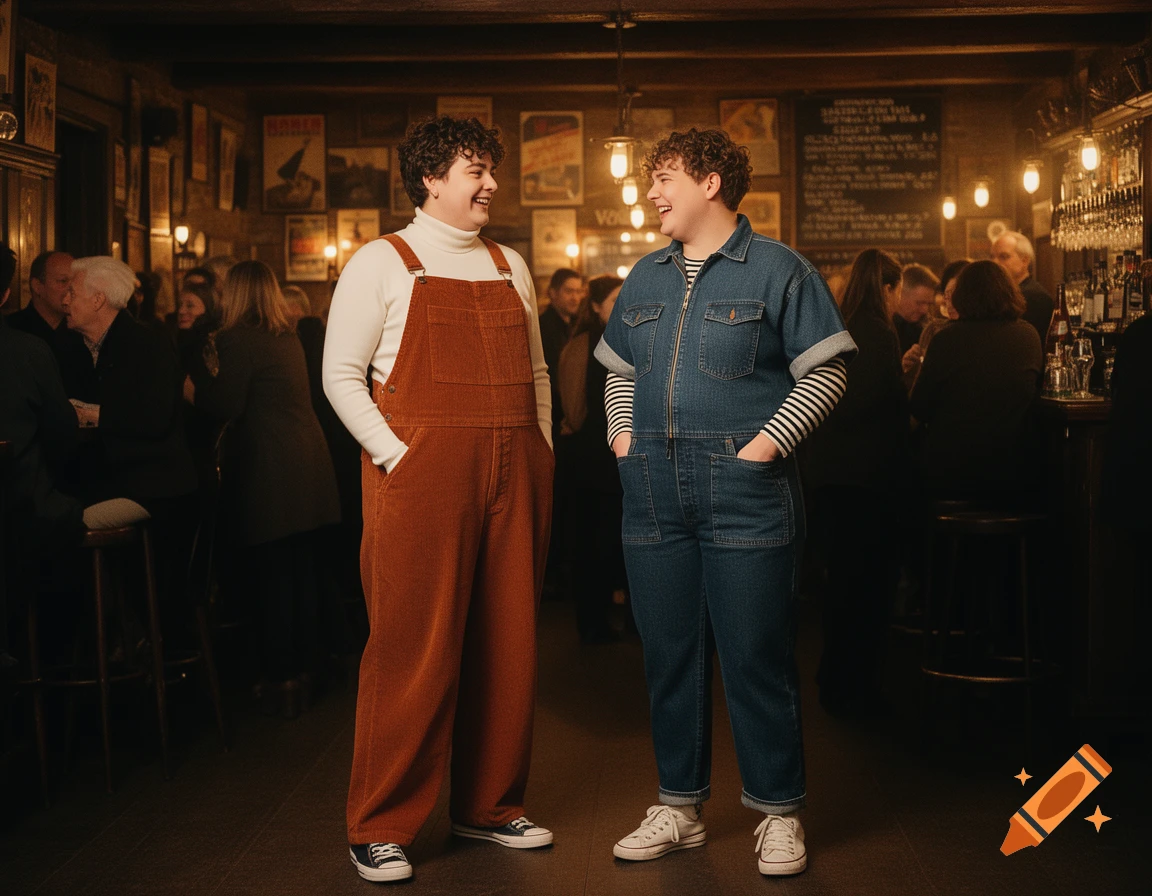 Two smiling people in a dimly lit pub; one in orange corduroy overalls, the other in a denim boiler suit over a striped shirt.