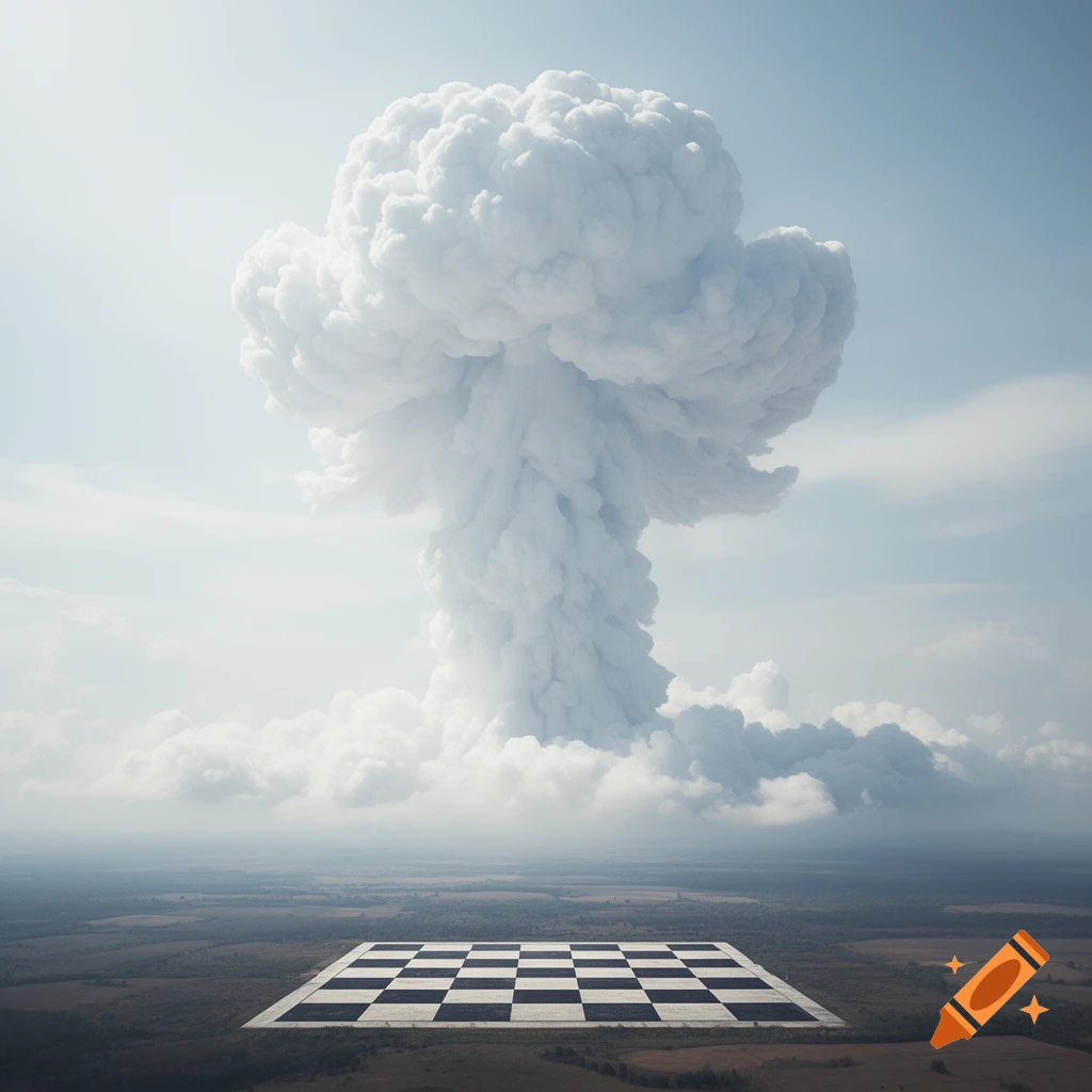 A surreal image featuring a large mushroom cloud resembling a regular cloud formation, towering over a landscape with a chessboard in the foreground.