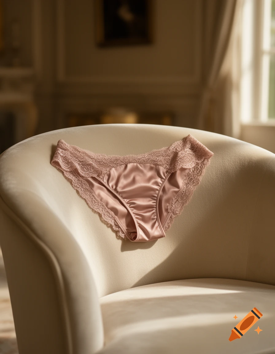 Pink satin and lace panties resting on a beige upholstered chair in a soft, naturally lit room.