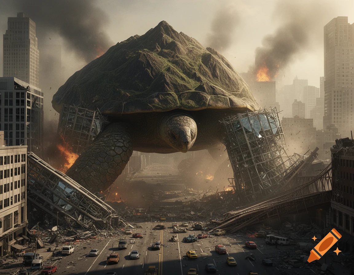 A colossal turtle with a mountain-like shell crashes through a devastated, smoky city, amidst burning buildings and scattered cars.