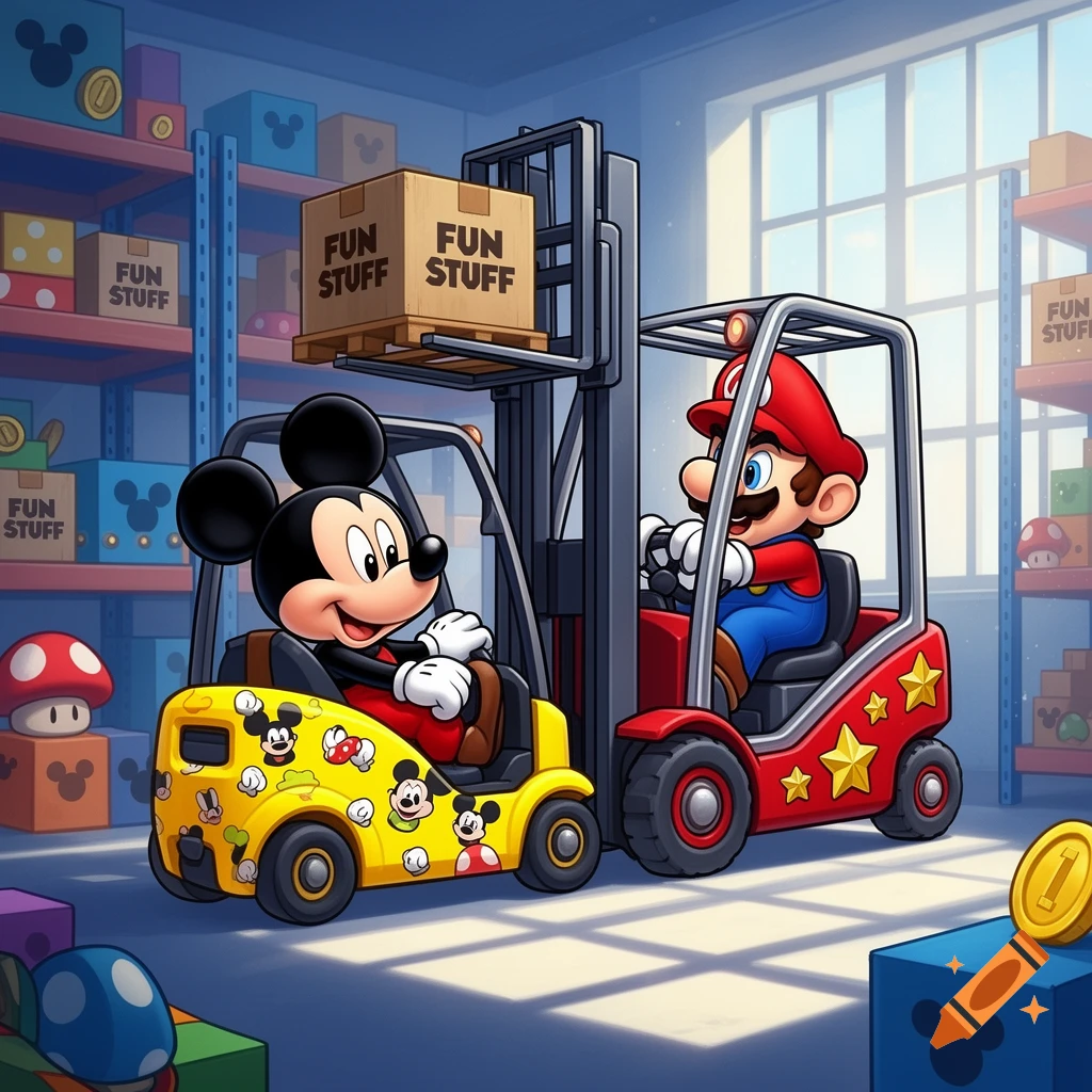 Mickey Mouse and Super Mario drive forklifts with 'FUN STUFF' boxes in a colorful warehouse.