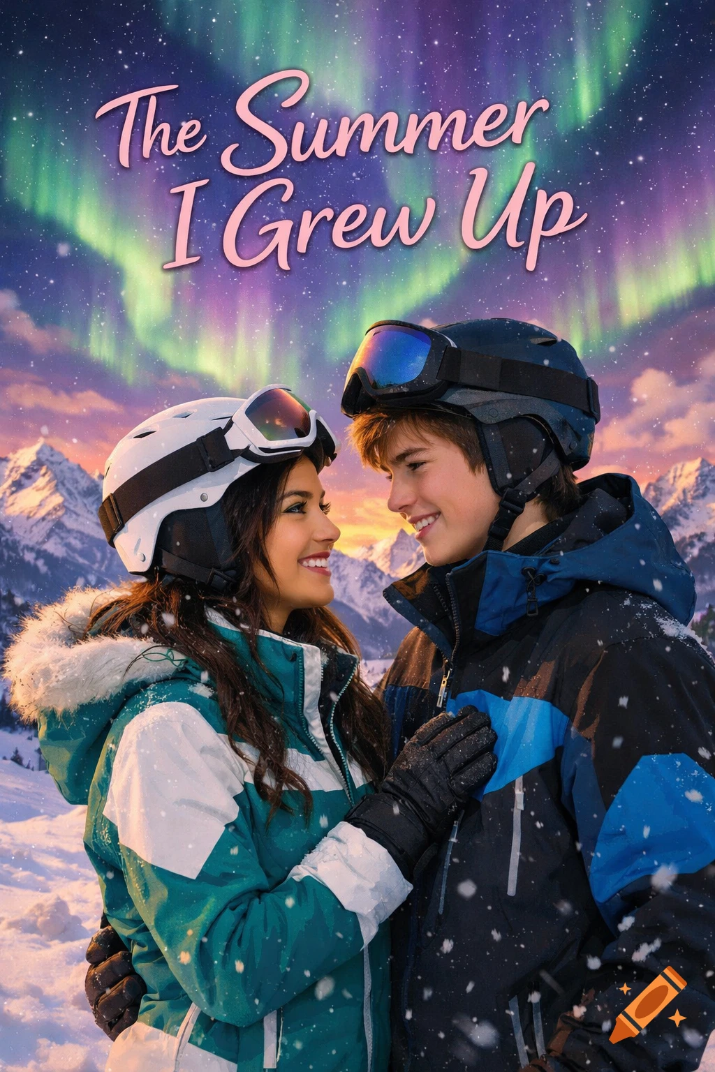 A young couple in ski gear gazes lovingly at each other on a snowy mountain with Northern Lights. Text: "The Summer I Grew Up".