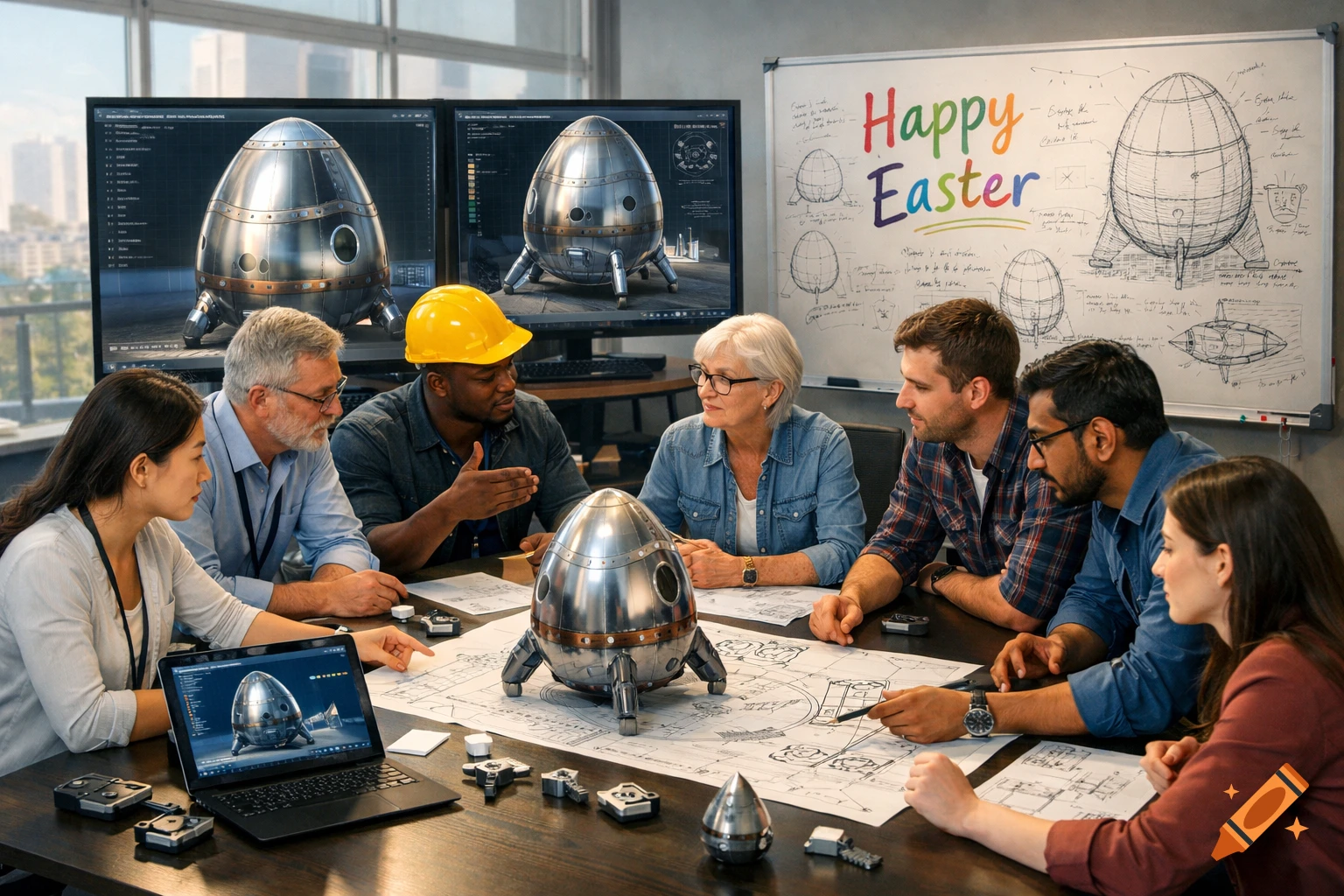 A diverse group of engineers at a table with blueprints, a model egg-shaped spacecraft, and monitors displaying its design. A whiteboard in the background says 'Happy Easter'.