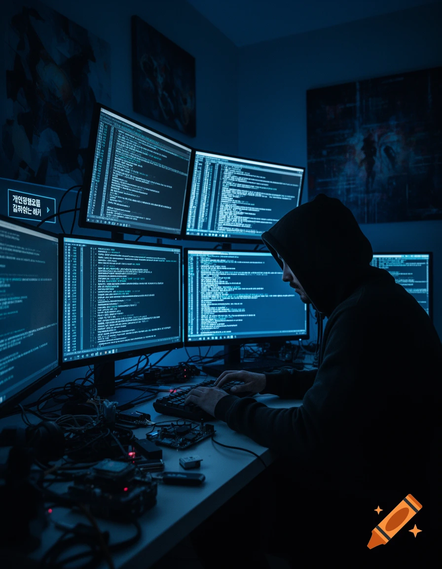 A hooded hacker works at a desk in a dark room, surrounded by multiple computer screens displaying lines of code.
