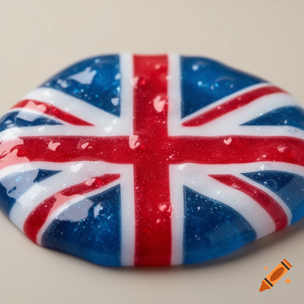 Glittery red, white, and blue slime molded into the shape of the British flag on a light surface.