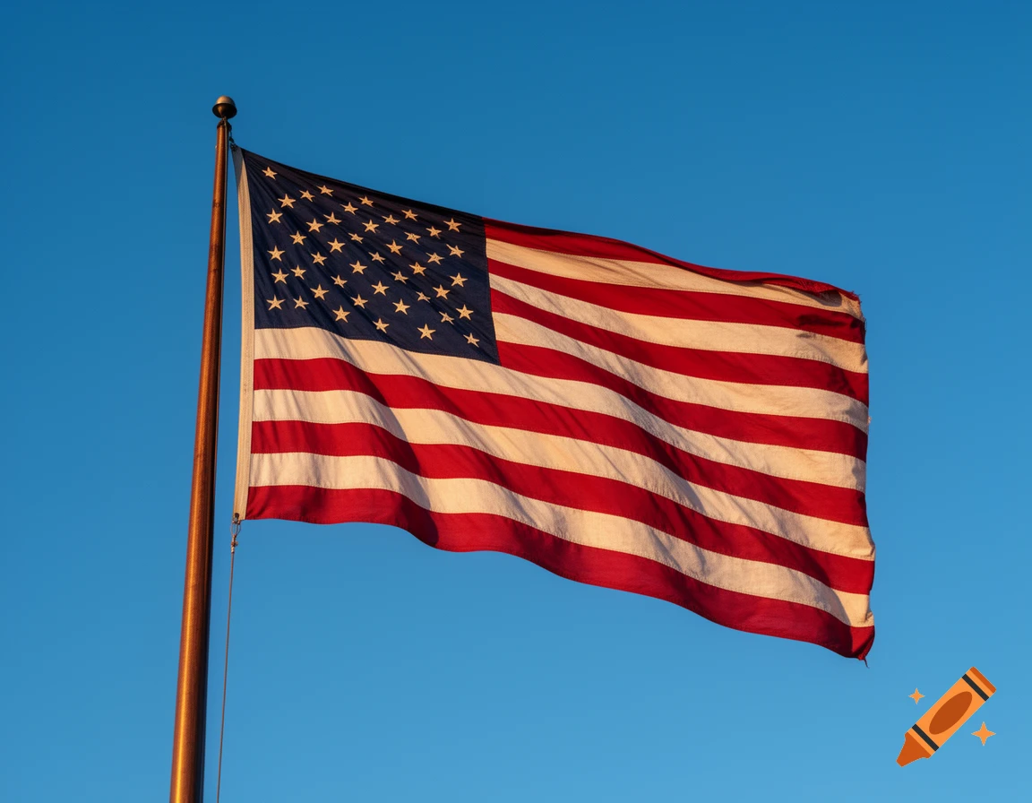 An American flag waving against a clear blue sky, viewed from below.