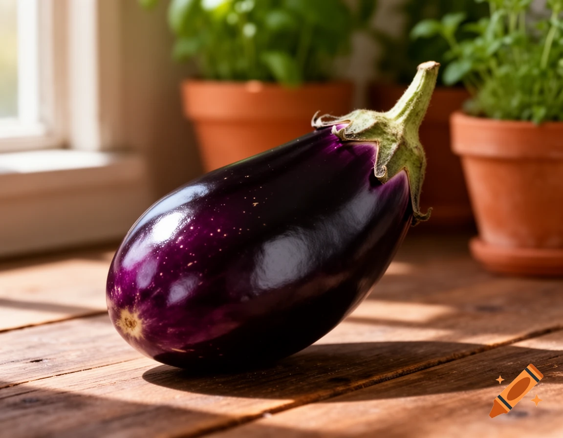 A dark purple eggplant rests on a sunlit wooden surface with potted green plants and a window in the background.