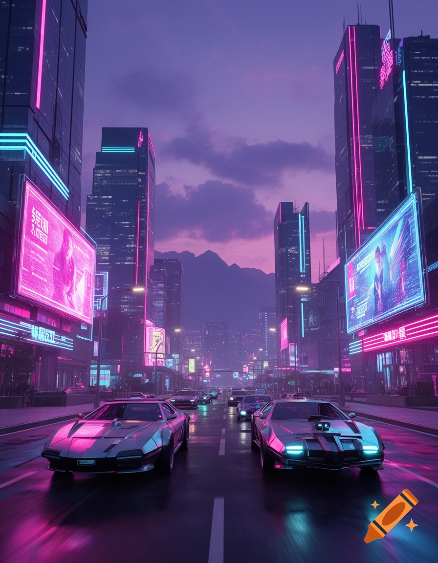 Futuristic city street at night with neon-lit skyscrapers and sleek cars in a purple and pink synthwave aesthetic.