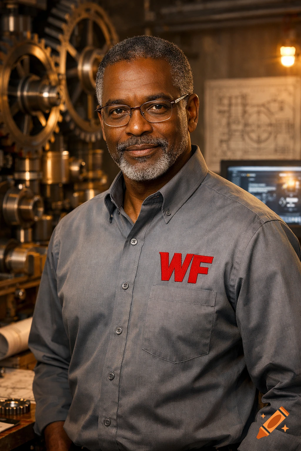 Photorealistic portrait of a Black male mechanical engineer in a grey shirt with a red 'WF' logo in a workshop.
