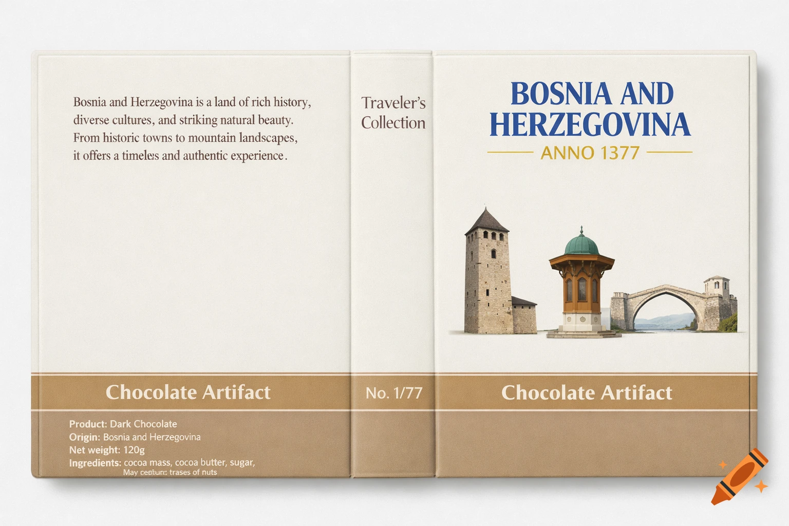 A photorealistic image of an open cardboard product package for "Chocolate Artifact" from Bosnia and Herzegovina, featuring illustrations of a tower, a fountain, and a bridge.