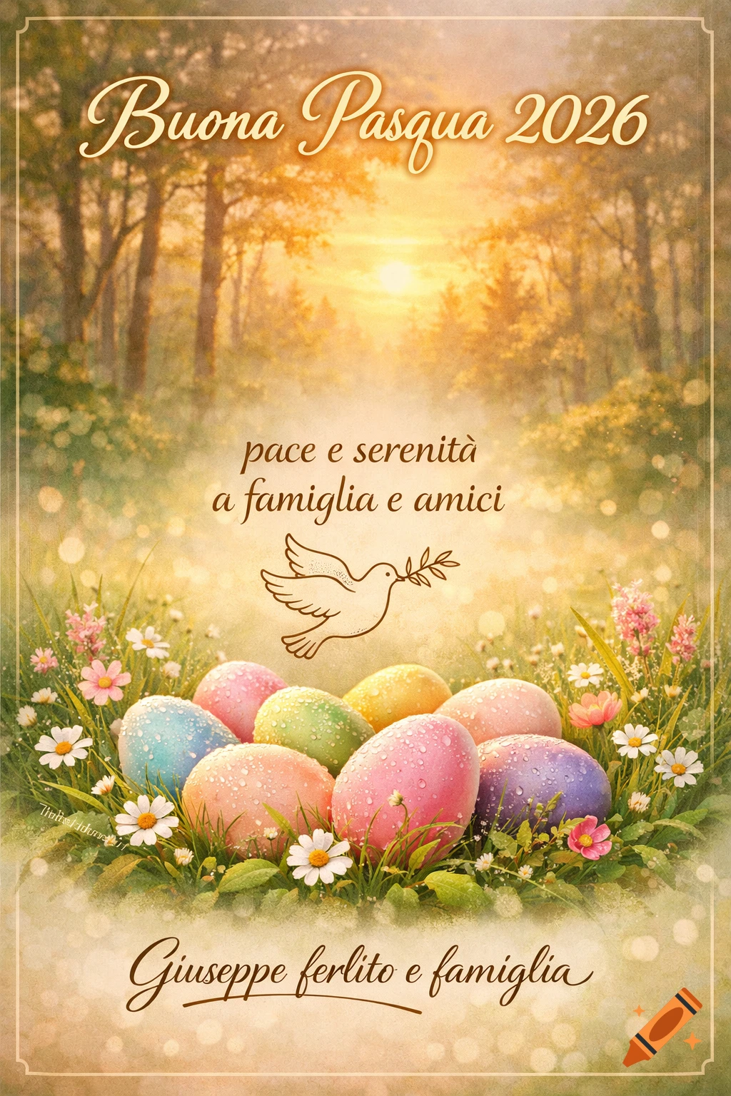Easter card with pastel eggs, flowers, a dove, and text "Buona Pasqua 2026" in a sunlit spring meadow.