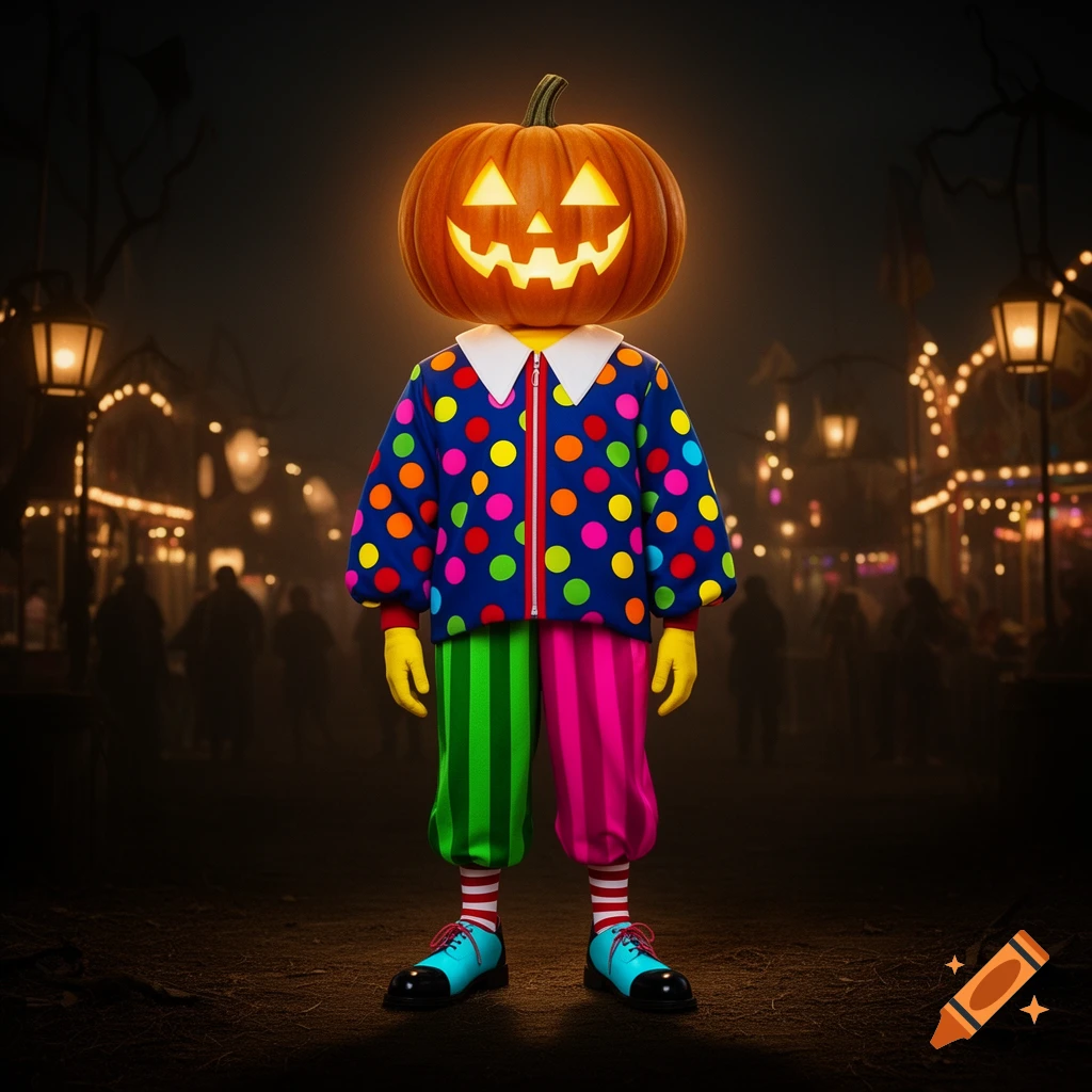 A person with a glowing jack-o'-lantern head wears a colorful polka-dot shirt, striped pants, and large shoes at a spooky carnival at night.