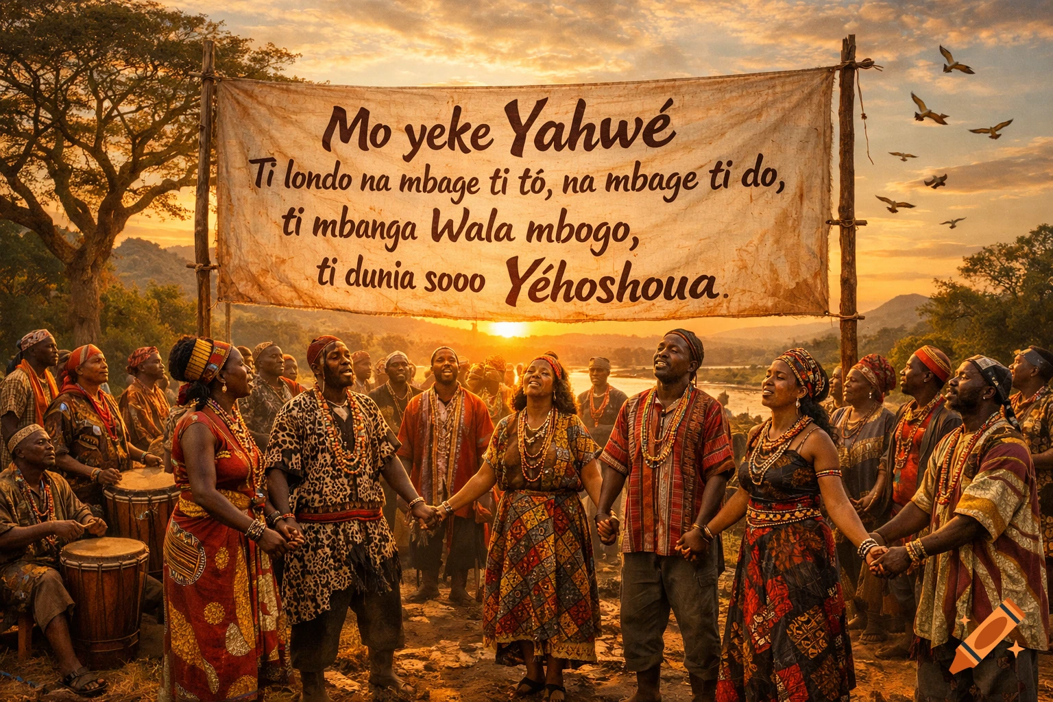 A diverse group of people in traditional attire sing and hold hands under a banner with text at sunset, with drums nearby.