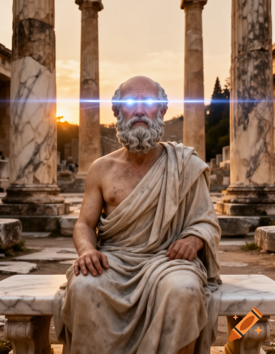 A marble-like depiction of Socrates with glowing blue laser eyes sits on a bench amidst ancient Greek ruins at sunset.